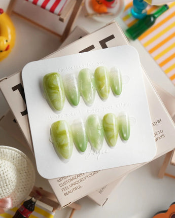 Matcha Chill Medium Almond press on nails, handmade custom nails by Joyeenails