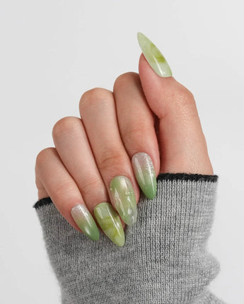 Matcha Chill Medium Almond press on nails, handmade custom nails by Joyeenails