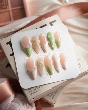 Matcha Ribbon Medium Stiletto press on nails, handmade custom nails by Joyeenails