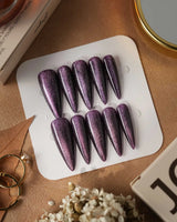Mauve Nail Color Cat-eye press-on nails in long stiletto shape — dark purple cat eye nails