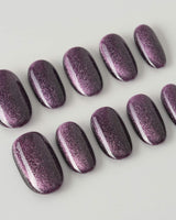Mauve Nail Color Cat-eye press-on nails in short oval shape — dark purple cat eye nails