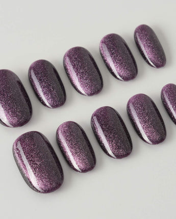 Mauve Nail Color Cat-eye press-on nails in short oval shape — dark purple cat eye nails