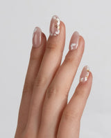 Meadow Bunny press-on nails in short almond shape — nude,Hand-painted White Bunnies & Gold Foil Floral Accents