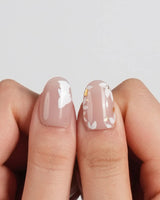 Meadow Bunny press-on nails in short almond shape — nude,Hand-painted White Bunnies & Gold Foil Floral Accents