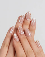 Meadow Bunny press-on nails in short almond shape — nude,Hand-painted White Bunnies & Gold Foil Floral Accents