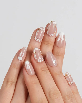 Meadow Bunny press-on nails in short almond shape — nude,Hand-painted White Bunnies & Gold Foil Floral Accents