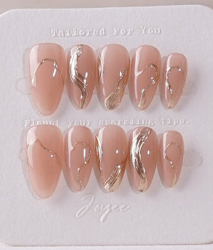 Poetic Glamour Nude press-on nail set — nude french tip gold line design, hand-painted with real gel polish
