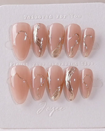 Poetic Glamour Nude press-on nail set — nude french tip gold line design, hand-painted with real gel polish