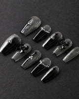Gorgeous Gown press-on nails in medium coffin shape — black white gradient rhinestone bow y2k nails