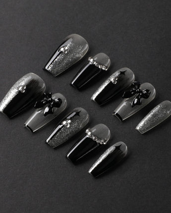 Gorgeous Gown press-on nails in medium coffin shape — black white gradient rhinestone bow y2k nails