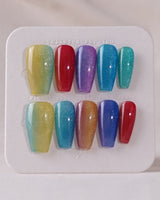 Colored Stone press-on nails in medium coffin shape — Colorful Cat Eye Nails