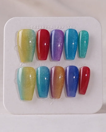 Colored Stone press-on nails in medium coffin shape — Colorful Cat Eye Nails