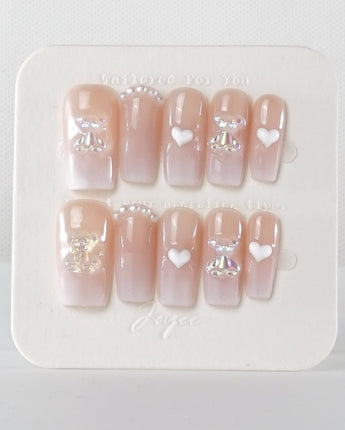 Cute Bear Hug press-on nails in medium square shape — cute nails
