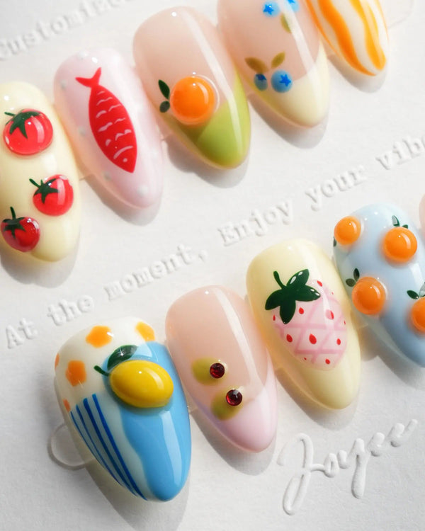 Mercato extra short almond nails with 3D tomatoes, citrus, fish, berries, and flowers