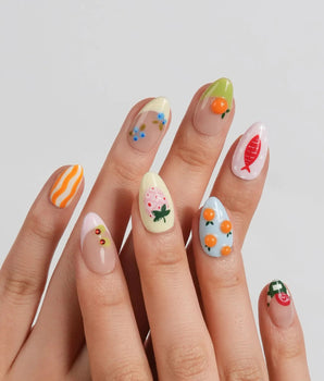 Mercato Italian summer market nail art with striped accents and sculpted fruit charms