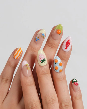 Mercato Italian summer market nail art with striped accents and sculpted fruit charms