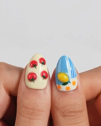 Mercato hand-painted market scene nails with oranges, lemons, strawberries, and flowers