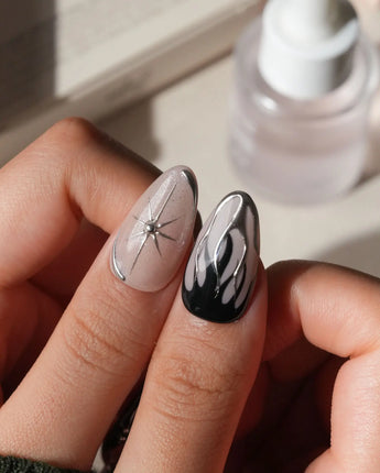 Mercury press on nails with sculpted mirror chrome swirls and outlines over smoke grey and black with a silver starburst on nude - image 4