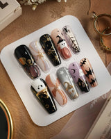 Midnight Bash press-on nails — Multicolor Halloween, 3D Metallic Spider & Ghost. handmade nail art by Joyee Nails