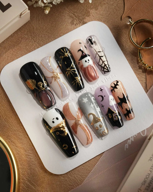 Midnight Bash press-on nails — Multicolor Halloween, 3D Metallic Spider & Ghost. handmade nail art by Joyee Nails