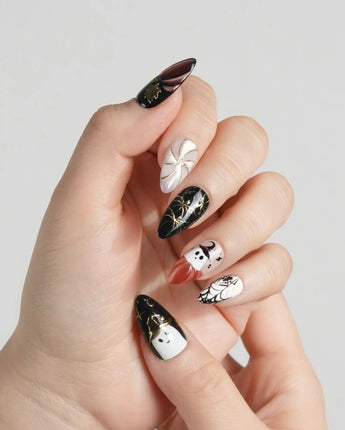 Midnight Bash press-on nails — Multicolor Halloween, 3D Metallic Spider & Ghost. handmade nail art by Joyee Nails