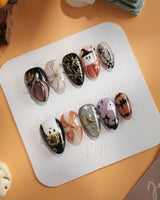 Midnight Bash press-on nails — Multicolor Halloween, 3D Metallic Spider & Ghost. handmade nail art by Joyee Nails