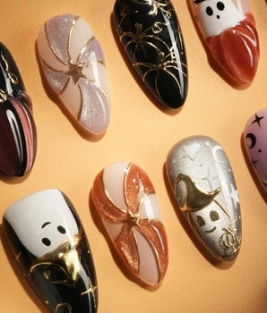 Midnight Bash nail art close-up showing Multicolor Halloween, 3D Metallic Spider & Ghost. details