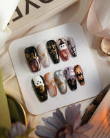 Midnight Bash press-on nails — Multicolor Halloween, 3D Metallic Spider & Ghost. handmade nail art by Joyee Nails