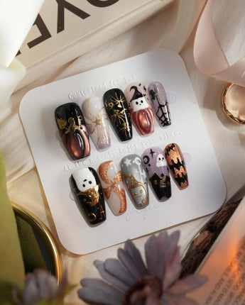 Midnight Bash press-on nails — Multicolor Halloween, 3D Metallic Spider & Ghost. handmade nail art by Joyee Nails