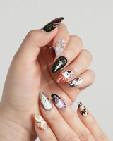 Midnight Bash press-on nails — Multicolor Halloween, 3D Metallic Spider & Ghost. handmade nail art by Joyee Nails