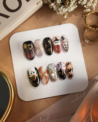 Midnight Bash press-on nails — Multicolor Halloween, 3D Metallic Spider & Ghost. handmade nail art by Joyee Nails