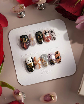 Midnight Bash press-on nails — Multicolor Halloween, 3D Metallic Spider & Ghost. handmade nail art by Joyee Nails