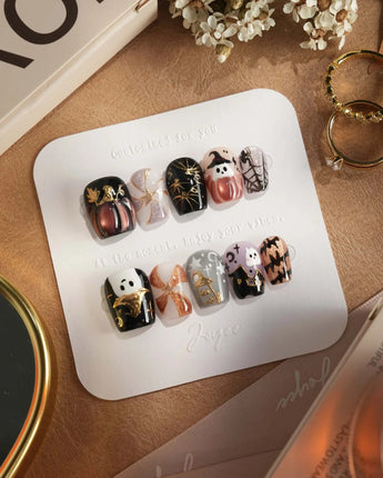 Midnight Bash press-on nails — Multicolor Halloween, 3D Metallic Spider & Ghost. handmade nail art by Joyee Nails