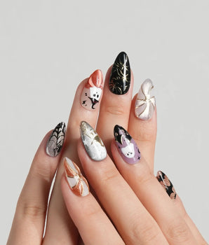 Midnight Bash press-on nail set — Multicolor Halloween, 3D Metallic Spider & Ghost. design, hand-painted with real gel polish