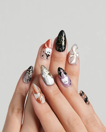 Midnight Bash press-on nail set — Multicolor Halloween, 3D Metallic Spider & Ghost. design, hand-painted with real gel polish