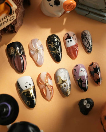 Midnight Bash handmade press-on nails featuring Multicolor Halloween, 3D Metallic Spider & Ghost.