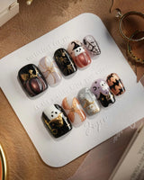 Midnight Bash press-on nails — Multicolor Halloween, 3D Metallic Spider & Ghost. handmade nail art by Joyee Nails