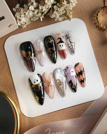 Midnight Bash press-on nails — Multicolor Halloween, 3D Metallic Spider & Ghost. handmade nail art by Joyee Nails