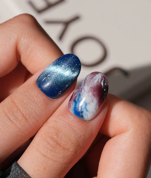 Midnight Short Oval dark blue press on nails with blue marble handmade nail art - image 2