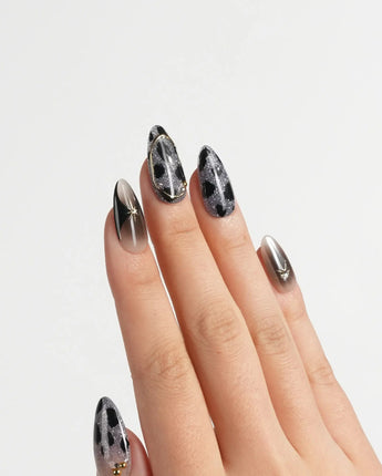 Midnight Muse nails — Shimmering Silver & Obsidian by Joyee Nails