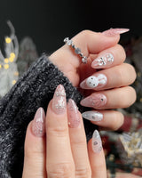 Miffy Sweetie press-on nails — Sweet Pink-Orange, 3D Bunny & Silver Bows. handmade nail art by Joyee Nails