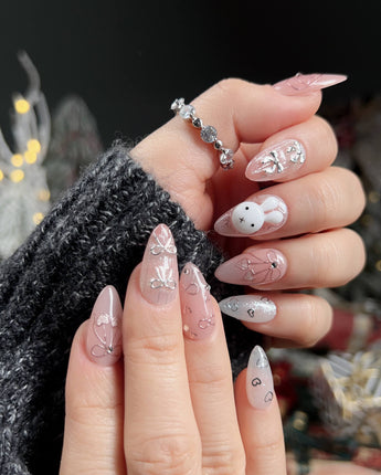 Miffy Sweetie press-on nails — Sweet Pink-Orange, 3D Bunny & Silver Bows. handmade nail art by Joyee Nails