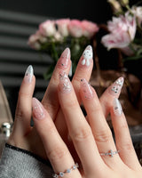 Miffy Sweetie press-on nails in short almond shape — Sweet Pink-Orange, 3D Bunny & Silver Bows.