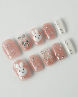 Miffy Sweetie press-on nails in extra short square shape — Sweet Pink-Orange, 3D Bunny & Silver Bows.