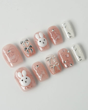 Miffy Sweetie press-on nails in extra short square shape — Sweet Pink-Orange, 3D Bunny & Silver Bows.