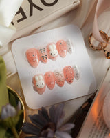 Miffy Sweetie press-on nail set — Sweet Pink-Orange, 3D Bunny & Silver Bows. design, hand-painted with real gel polish