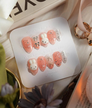 Miffy Sweetie press-on nail set — Sweet Pink-Orange, 3D Bunny & Silver Bows. design, hand-painted with real gel polish
