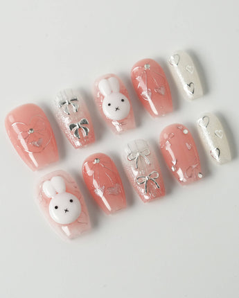 Miffy Sweetie press-on nails in short coffin shape — Sweet Pink-Orange, 3D Bunny & Silver Bows.