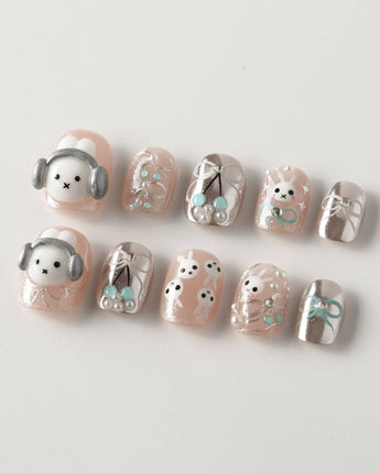 Miffy's Vacay extra short squoval nails with 3D rabbit charm and silver chrome
