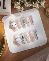 Miffy's Vacay medium coffin nails with 3D headphone rabbit and silver chrome design